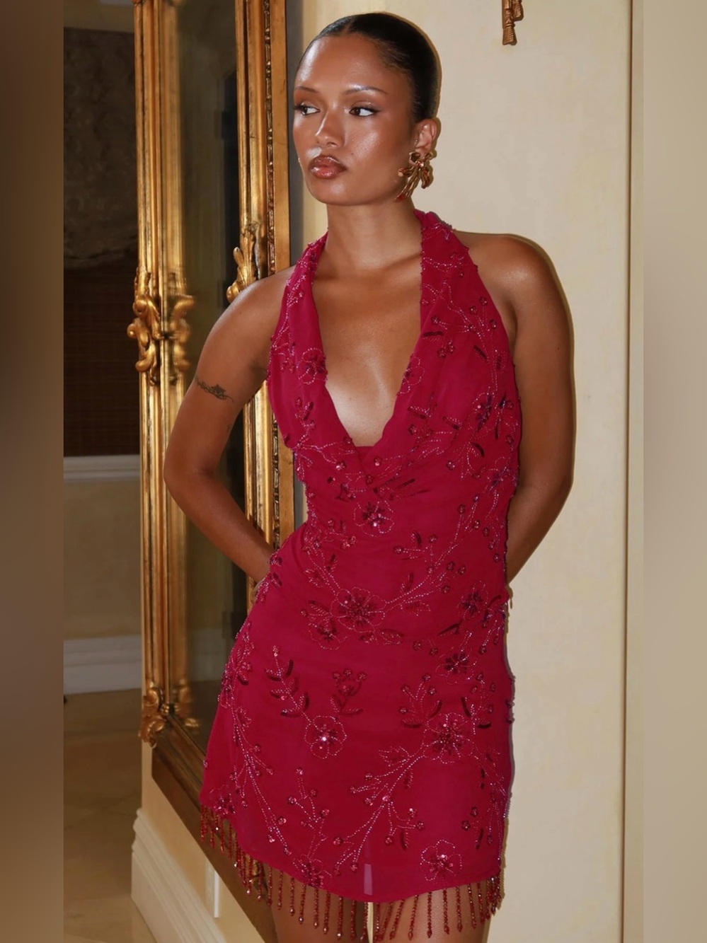 Princess Polly Red Twilight Zone Beaded Cowl Neck Top with skirt - Picture 3 of 8
